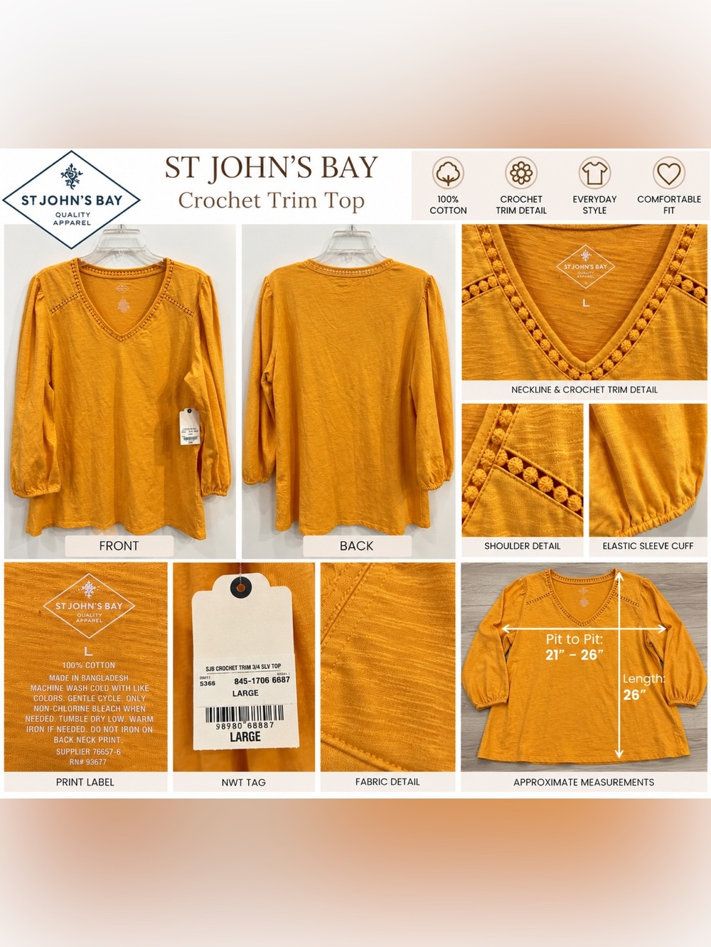 St. John's Bay Crochet Trim V-Neck Top - Mustard Yellow